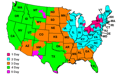 US map showing estimated FedEx Ground Shipping tranit times in days.