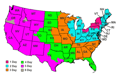 US map showing estimated UPS Ground Shipping tranit times in days.